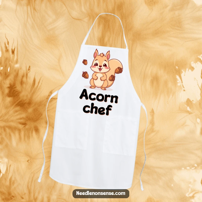 Funny kawaii squirrel juggling acorns with a surprised expression, featured on a humorous and practical apron.