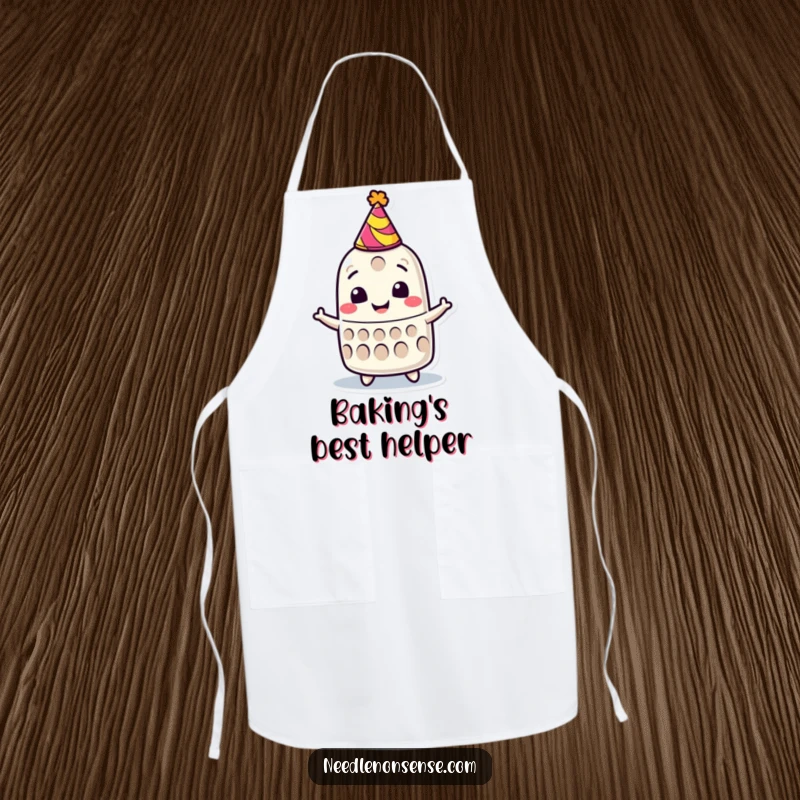 Funny apron showing a smiling thimble character wearing a party hat, spinning joyfully while keeping clothes clean.