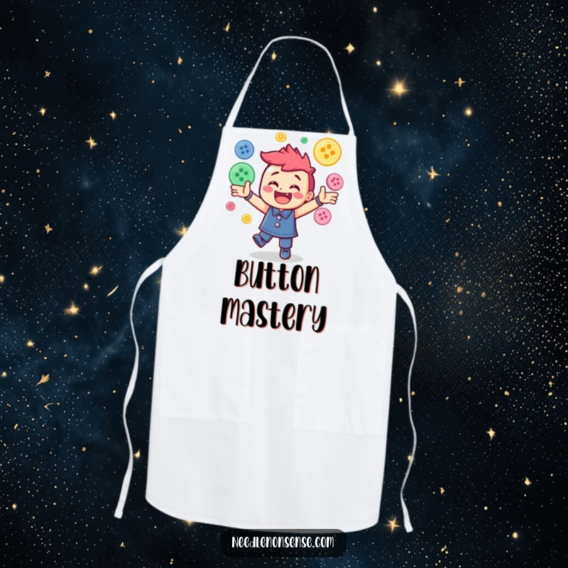 Funny apron depicting a joyful character energetically juggling a variety of colorful sewing buttons, practical and humorous kitchen/craftwear.