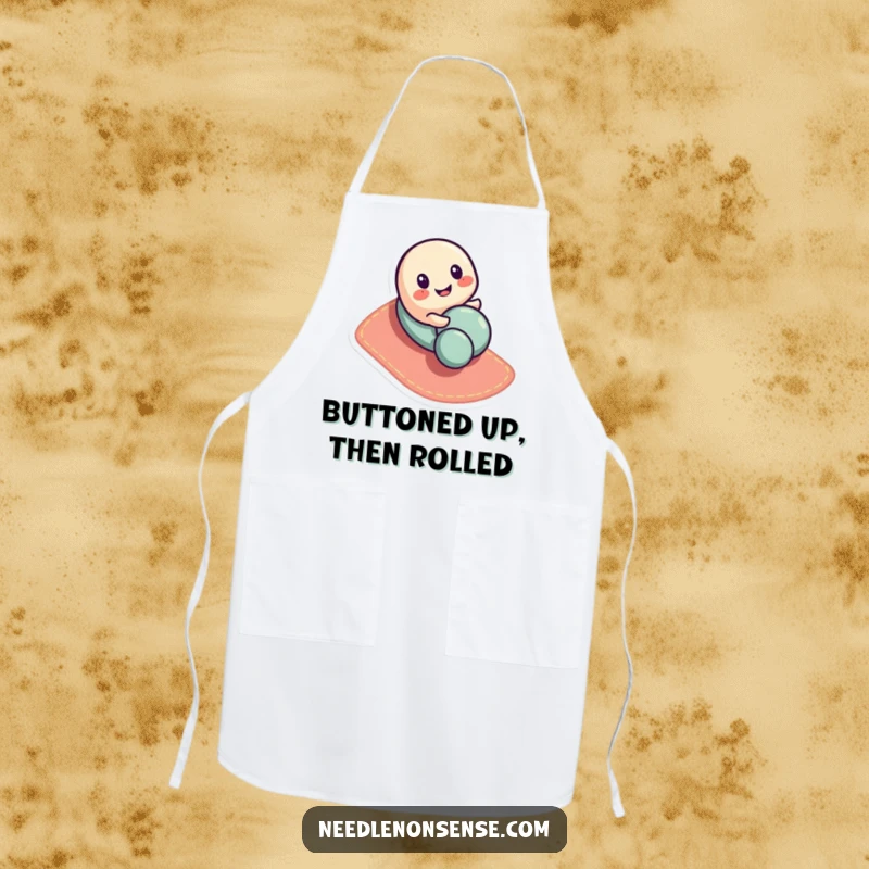 Funny button character apron, playfully rolling down a fabric slope, adding a dose of cute humor to kitchen tasks.