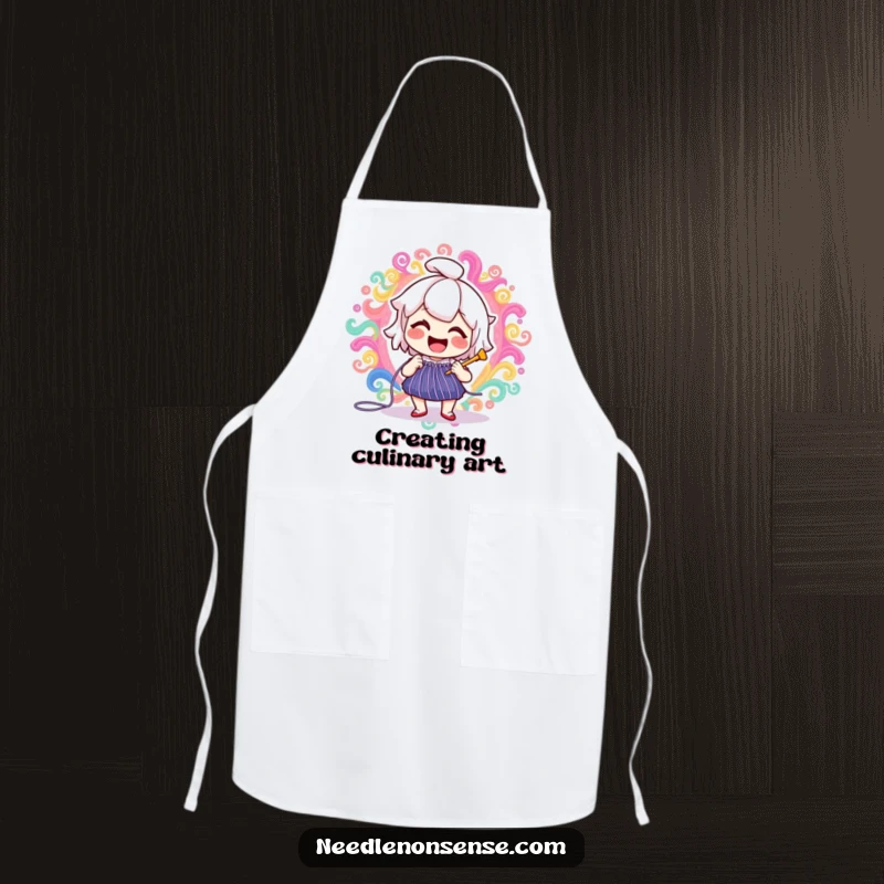 Funny delighted needle character joyfully stitching a vibrant, swirling pattern, a humorous kitchen accessory on this funny apron.