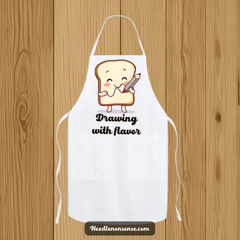Funny Apron: A happy toast character skillfully drawing a squiggle with a giant pencil, ideal for kitchen humor and protection.