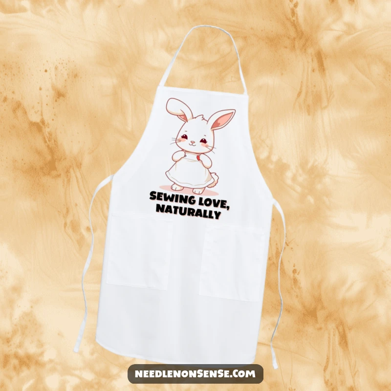 Funny playful bunny wearing a cute apron, stitching a tiny heart, a practical and humorous apron for crafters.