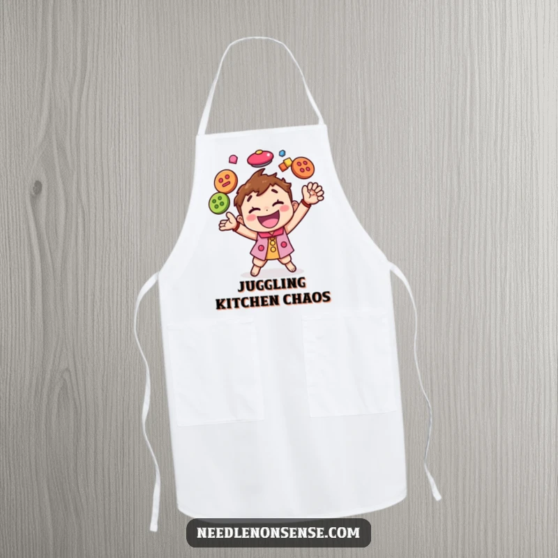 Funny apron showing a happy character juggling colorful buttons, ideal for protecting clothes during crafting with a humorous flair.