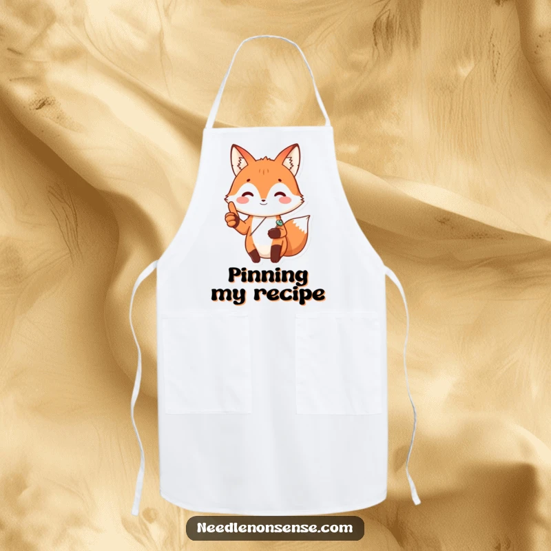 Funny Fox Sewing Apron, showing a happy fox with a sewing pin, giving a thumbs up, ideal for protecting clothes while crafting.