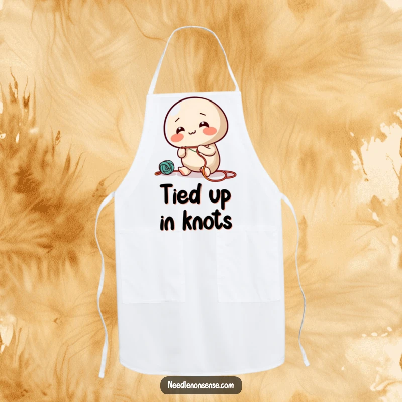 Funny apron with a giggling needle character enthusiastically threading colorful string, perfect for a joyful cooking experience.
