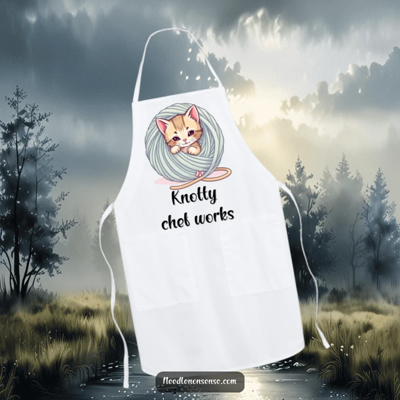 Funny Kitten Yarn Tangle Apron, a playful kitten is tangled in a giant ball of yarn, funny kitchen gift.