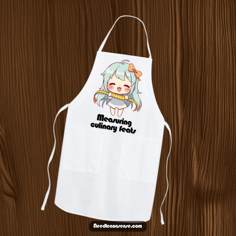 Funny Measuring Ribbon Apron: An enthusiastic character measures a long ribbon, ideal for sewing and crafting projects.