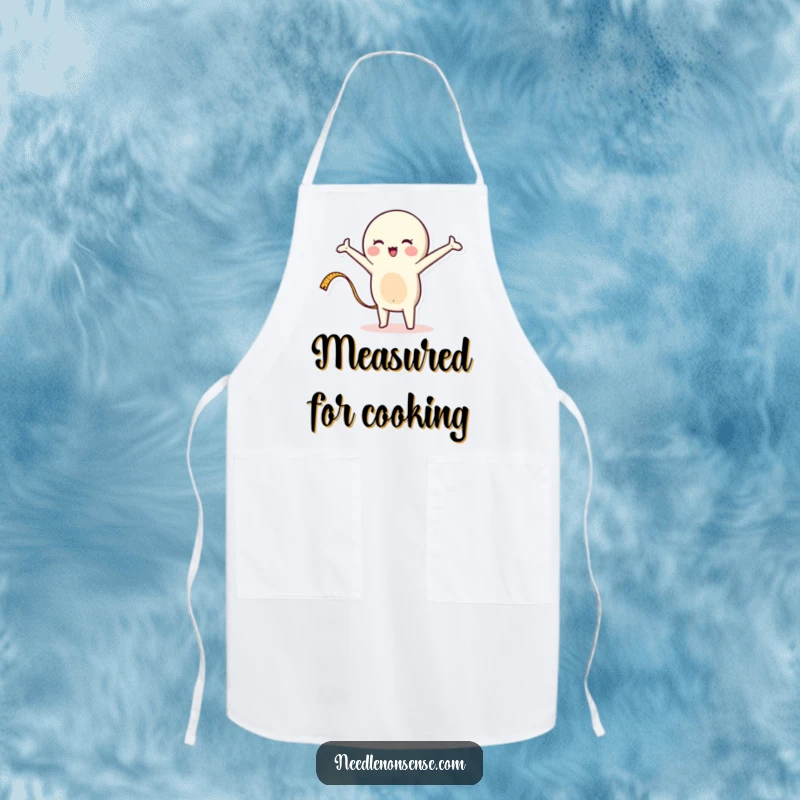 Funny apron depicting a whimsical measuring tape character stretching out, perfect for protecting clothes during crafting or DIY.