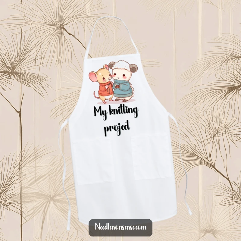 Funny Mouse and Sheep Knitting Apron, a tiny mouse knits a sweater for an amused sheep, funny kitchen gift.
