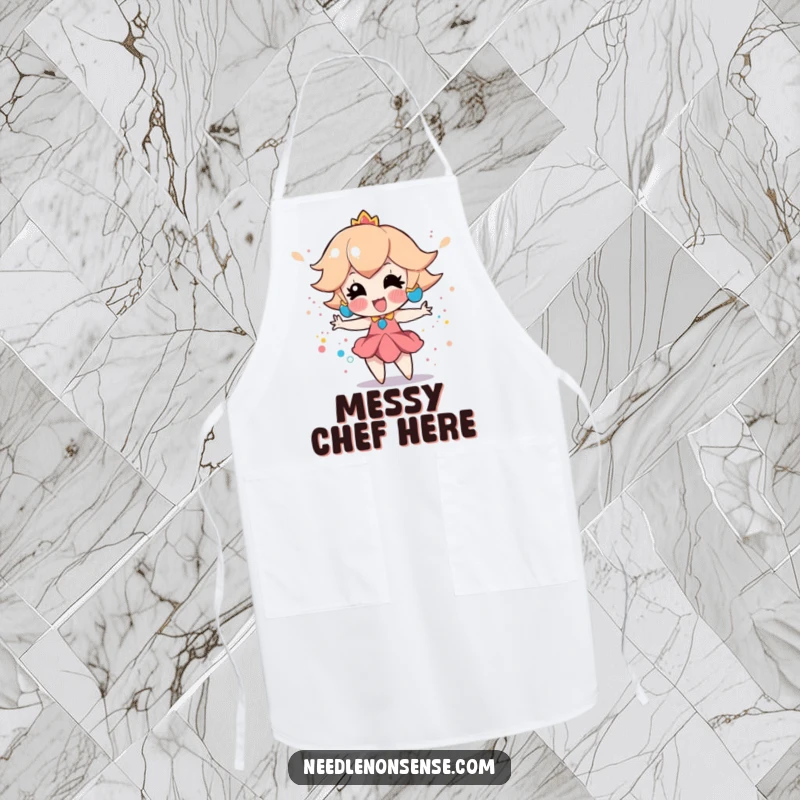 Funny apron with a playful peach character enthusiastically creating a vibrant splatter paint effect, ideal for artistic chefs.