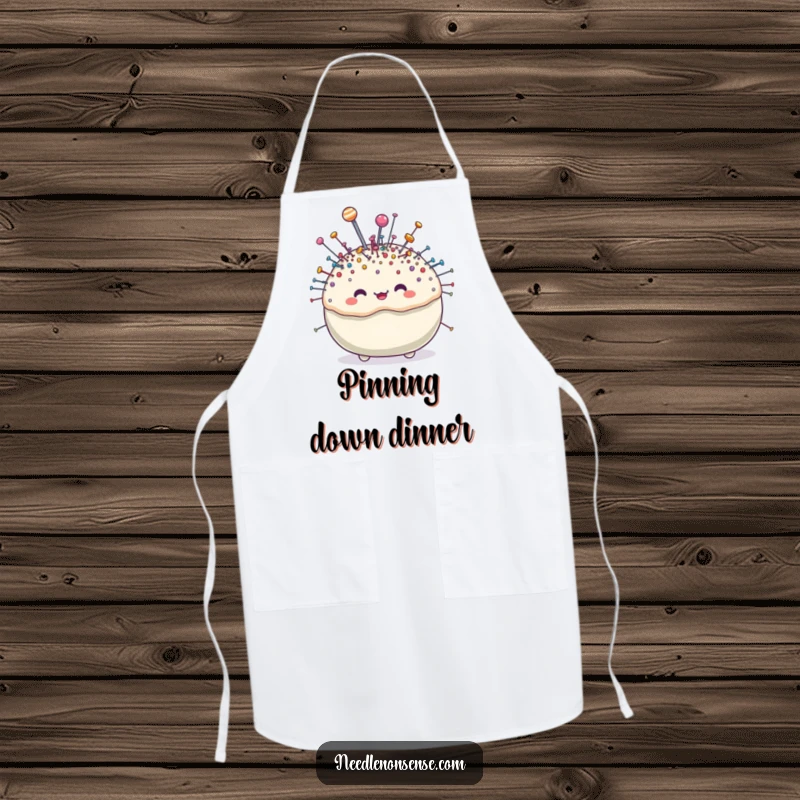 Funny pincushion character apron, overloaded with tiny, sparkling pins, adding practical humor to any task.