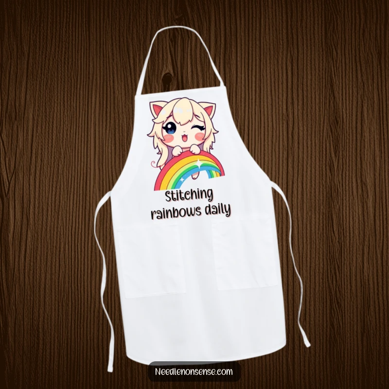 Funny, durable apron depicting a delighted character stitching a glowing rainbow with a shimmering thread.