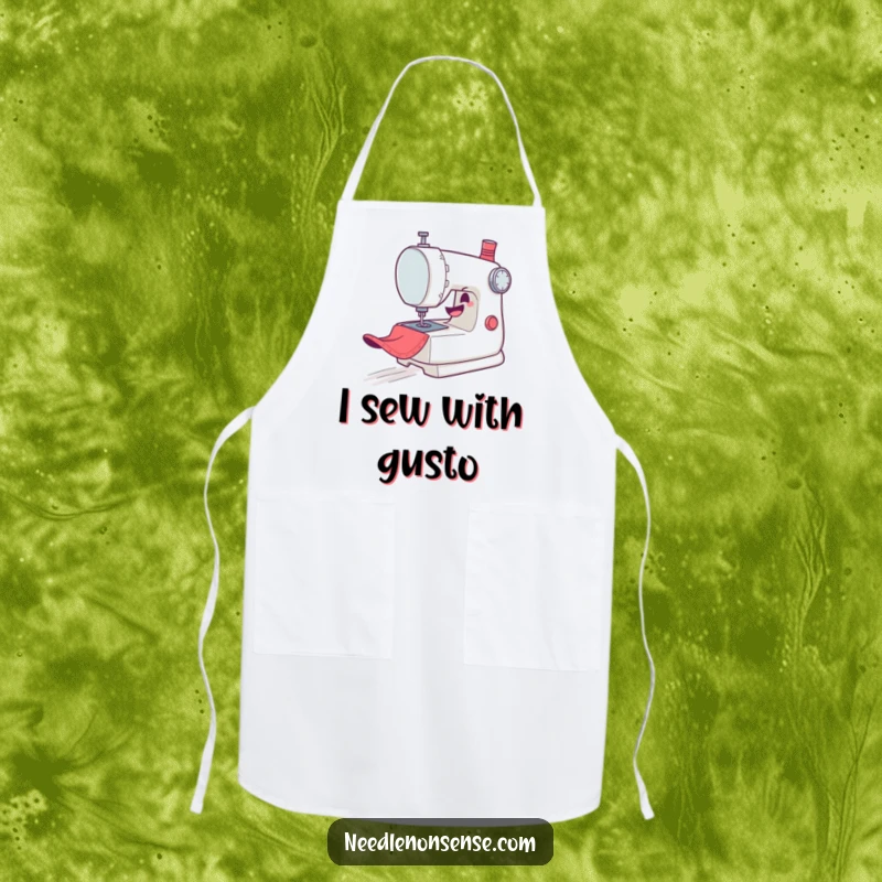 Funny Apron: A mischievous sewing machine character gleefully zooms across fabric, designed for protection and sewing humor.