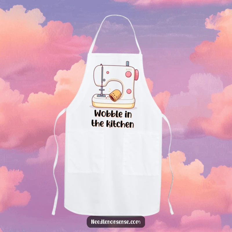 Funny apron displaying a sewing thimble wobbling off a sewing machine, ideal for cooks and crafters who love humor.