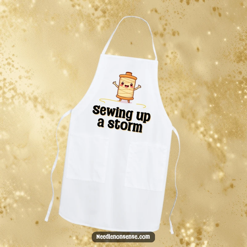 Funny thread spool character apron, energetically unspooling, protecting the wearer with humorous flair for cooks and crafters.