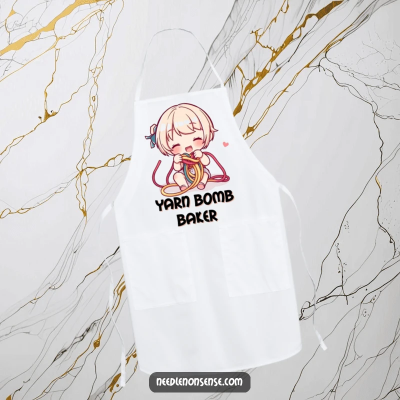 Funny Yarn Knot Apron: A character untangles a colorful yarn knot, keeping you tidy during your creative endeavors.