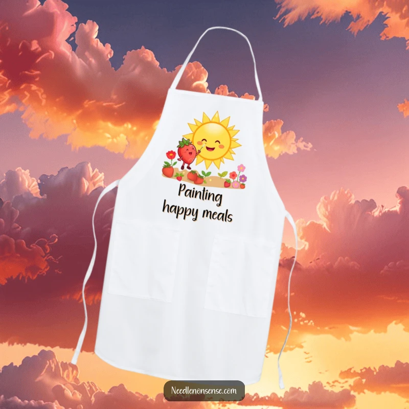 Funny apron with a happy strawberry character joyfully painting a giant smiling sun, ideal for artistic chefs and bakers.