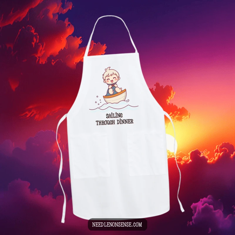 Funny apron showing a giggling character sailing a thimble boat, ideal for messy creative endeavors with a humorous twist.