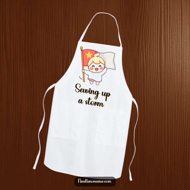 Funny apron showing a cheerful character sewing a smiling face onto a waving flag, perfect for happy crafting sessions.
