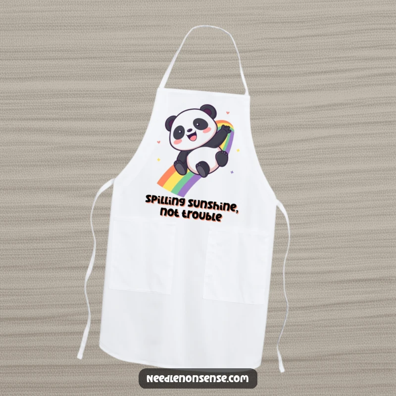 Funny Kawaii Panda apron featuring a panda sliding down a rainbow, bringing joy to the kitchen.