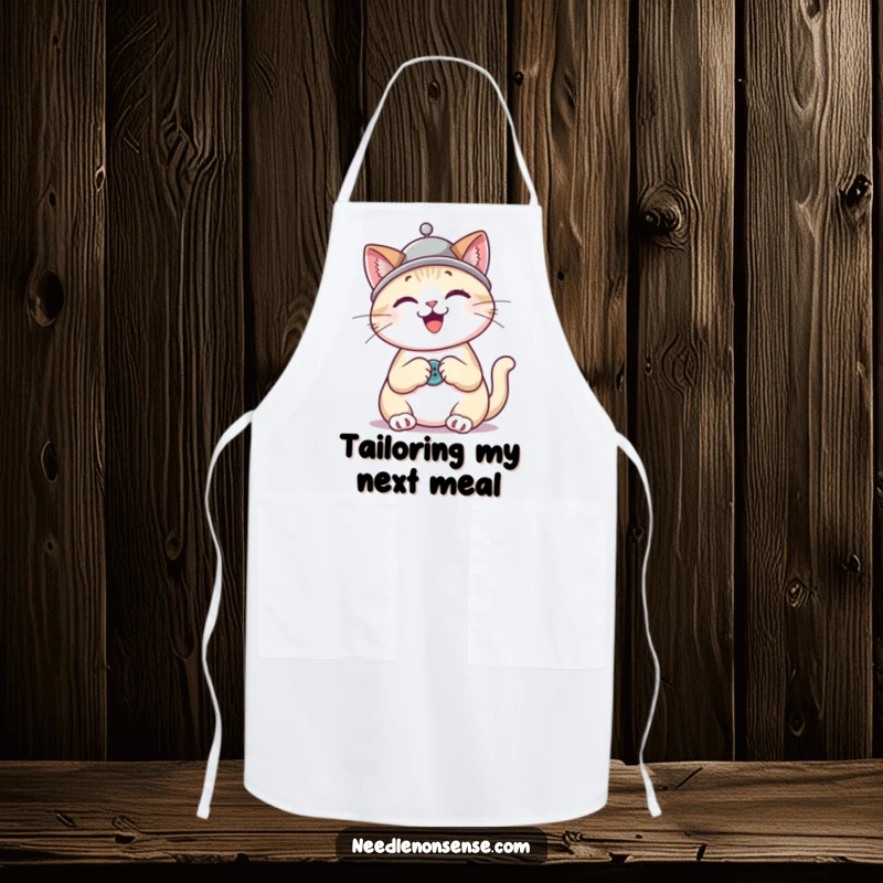 Funny cat wearing a thimble hat, enthusiastically sewing a button, a practical and humorous apron for cooks and crafters.
