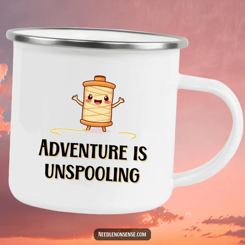 Funny thread spool character camping mug, unspooling happily, ideal for outdoor enthusiasts and crafters enjoying nature.