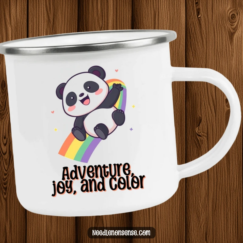 Funny Kawaii Panda camping mug showing a panda sliding down a rainbow, ideal for outdoor enthusiasts.