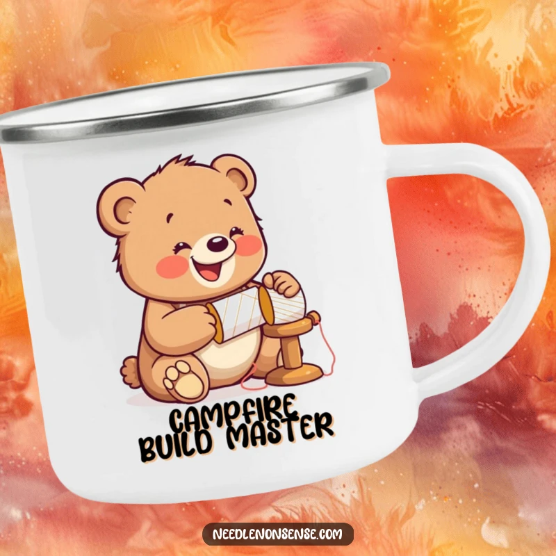Funny Bear Sewing Camping Mug, featuring a jolly bear cub hammering a spool, perfect for outdoor crafting sessions.