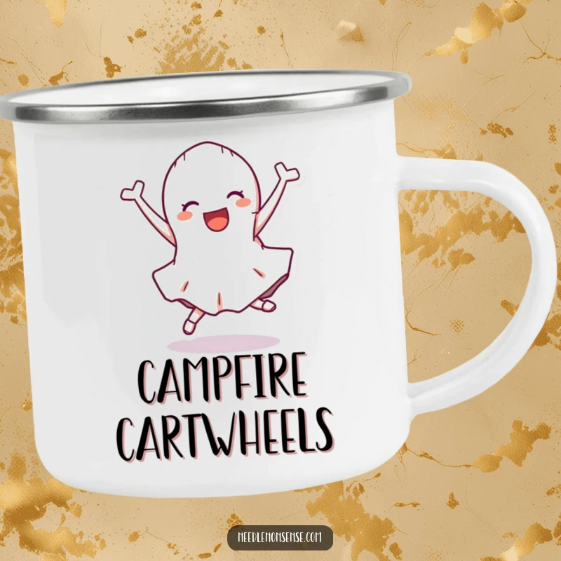 Funny Camping Mug featuring a fabric scrap character doing a cartwheel, perfect for outdoor crafting sessions.