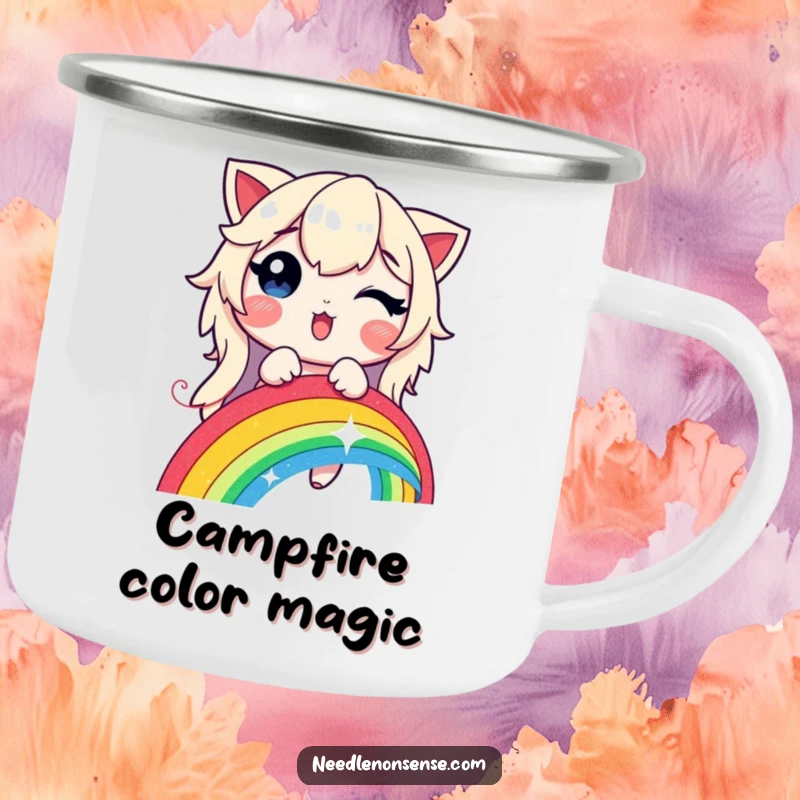Funny, enamel camping mug depicting a delighted character stitching a glowing rainbow with a shimmering thread.