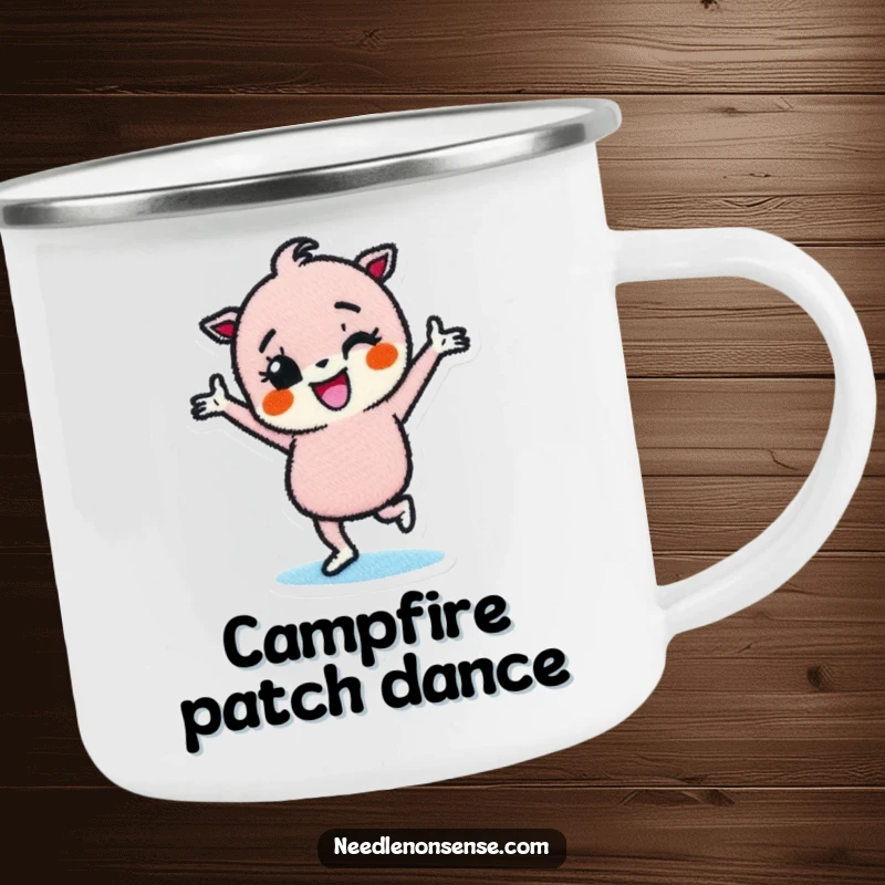 Funny camping mug showing a determined fabric patch character dancing with joy, ideal for outdoor enthusiasts who love to move.