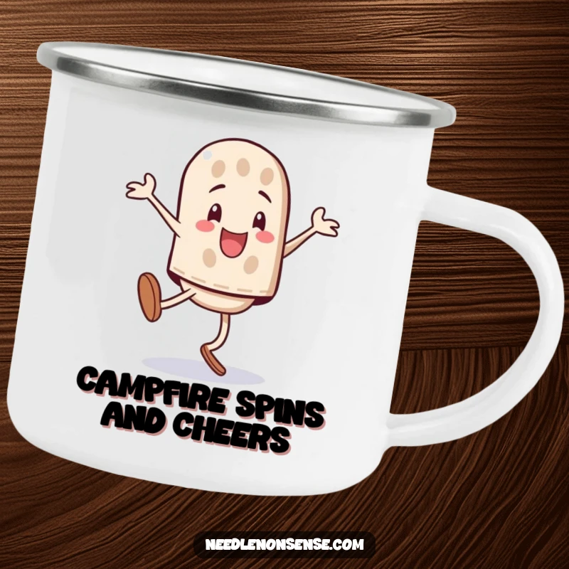 Funny playful thimble character performing a triumphant cartwheel, on a sturdy camping mug.