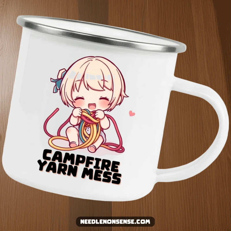 Funny Yarn Knot Camping Mug: A character untangles a colorful yarn knot, perfect for sipping hot drinks outdoors.