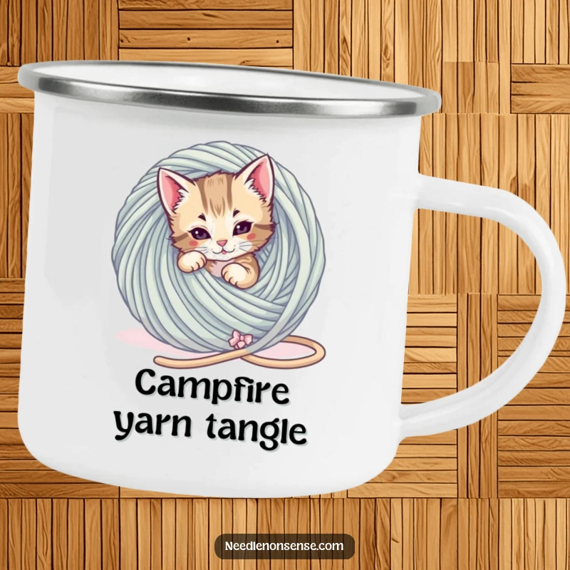 Funny Kitten Yarn Tangle Camping Mug, a playful kitten is tangled in a giant ball of yarn, funny outdoor gift.