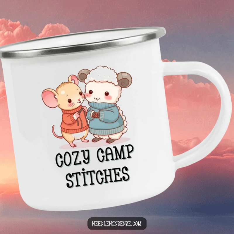 Funny Mouse and Sheep Knitting Camping Mug, a mouse knits a sweater for a sheep, funny outdoor gift.