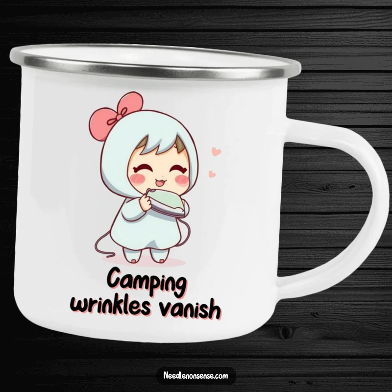 Funny camping mug with a blushing character humorously attempting to iron an air wrinkle, for laughs during outdoor excursions.