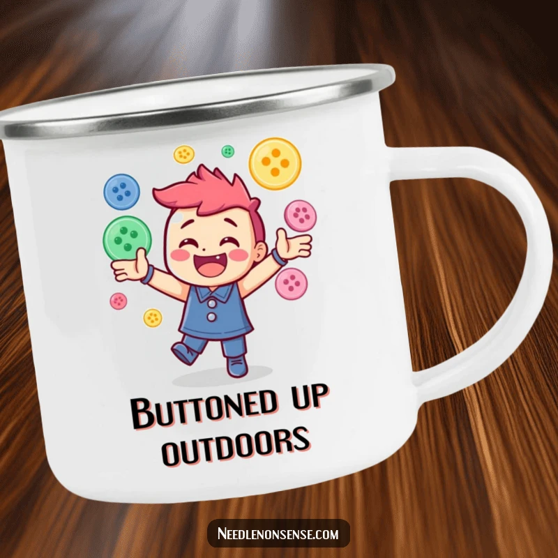 Funny camping mug showcasing a joyful character energetically juggling colorful sewing buttons, designed for outdoor enthusiasts.