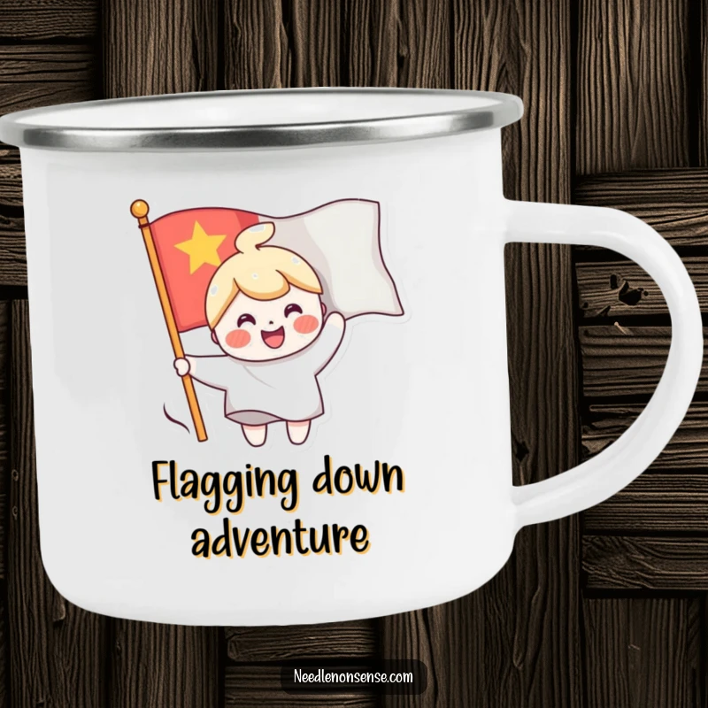 Funny camping mug showing a cheerful character sewing a smiling face onto a waving flag, perfect for drinks anywhere with a positive message.