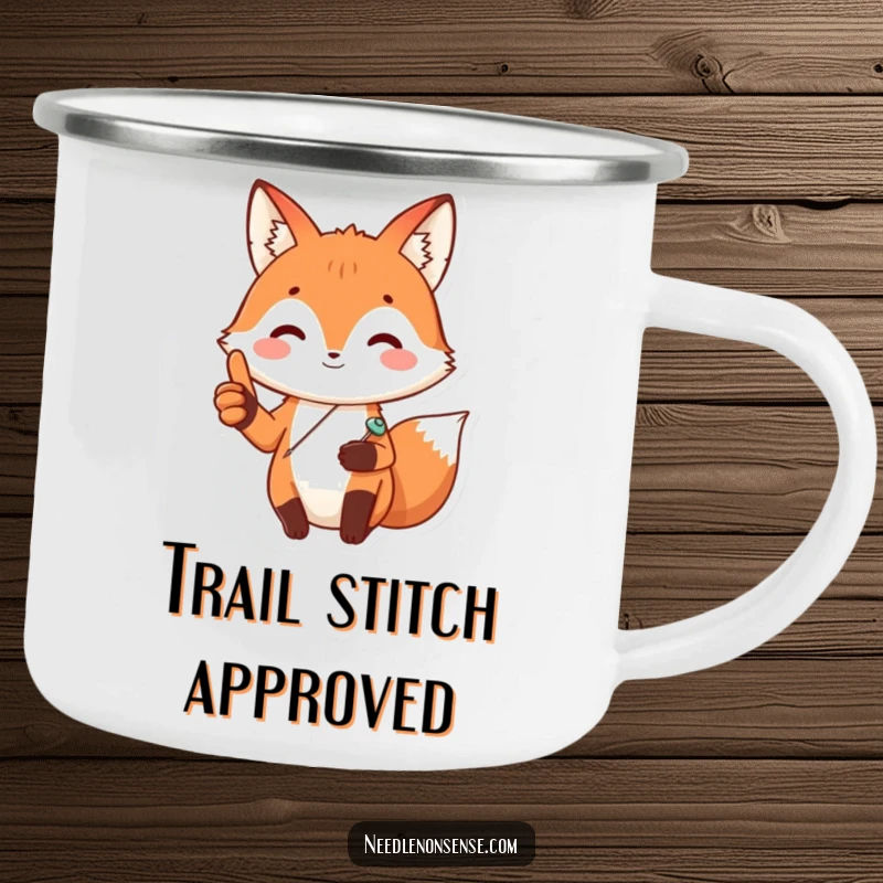 Funny Fox Sewing Camping Mug, featuring a happy fox with a sewing pin, giving a thumbs up, perfect for outdoor crafting sessions.
