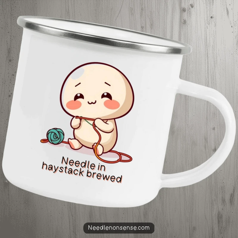Funny camping mug with a giggling needle character joyfully threading colorful string, perfect for outdoor use.