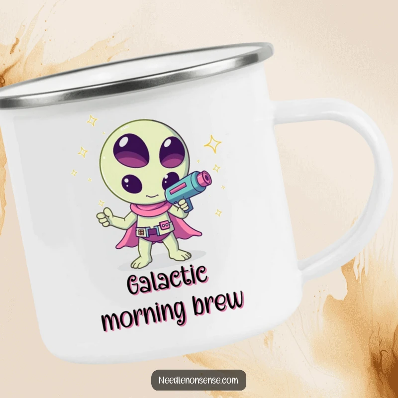Funny kawaii alien waving a ray gun shooting sparkles, a humorous and adventurous design on this durable camping mug, great for travel.