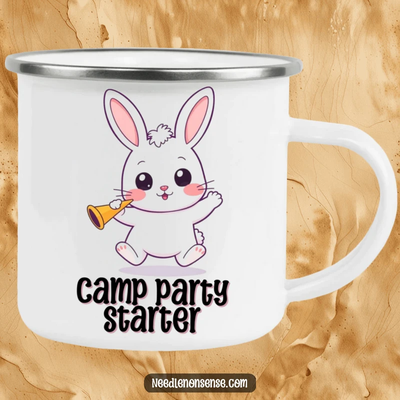 Funny Kawaii Bunny Camping Mug: A wide-eyed kawaii bunny holds a party horn, perfect for festive drinks outdoors.