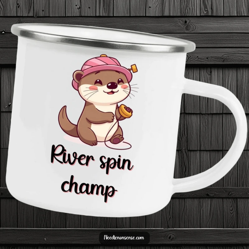 Funny Otter Sewing Camping Mug, featuring a playful otter with a spool hat, happily spinning, perfect for outdoor crafting sessions.