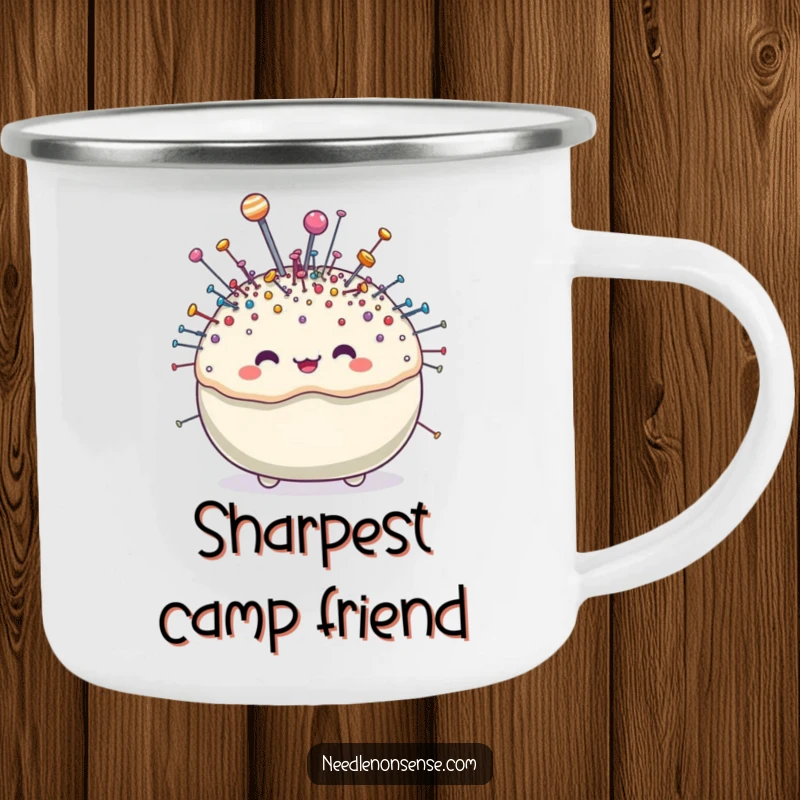 Funny pincushion character camping mug, overflowing with sparkling pins, a humorous and practical item for outdoor crafters.