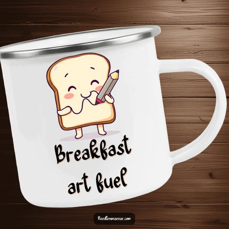 Funny Camping Mug: A smiling toast character drawing a squiggle with a giant pencil, perfect for outdoor artistic inspiration.