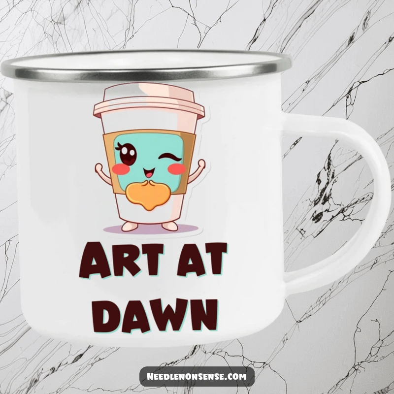 Funny camping mug featuring a winking coffee cup character displaying a colorful abstract design, perfect for artistic outdoor enjoyment.