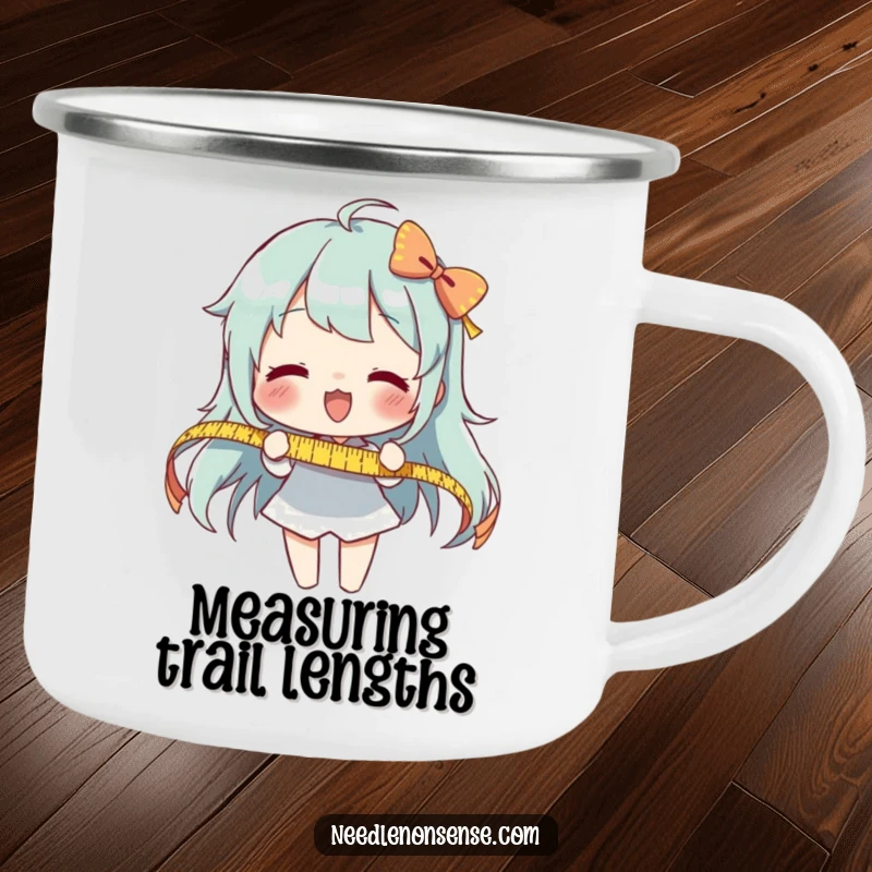 Funny Measuring Ribbon Camping Mug: An enthusiastic character measures a long ribbon, perfect for outdoor precision.