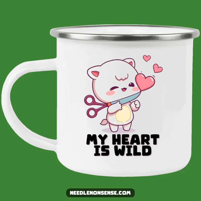 Funny Heart Cutter Camping Mug: Mischievous Character's Playful Brew for Outdoor Fun