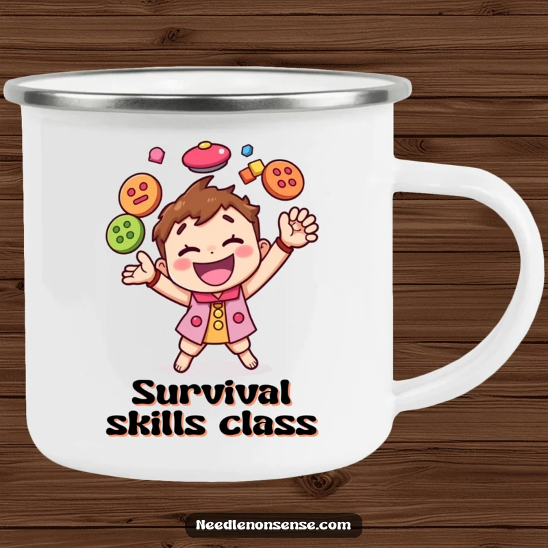 Funny camping mug featuring a happy character juggling colorful buttons, perfect for drinks anywhere with a touch of crafting humor.